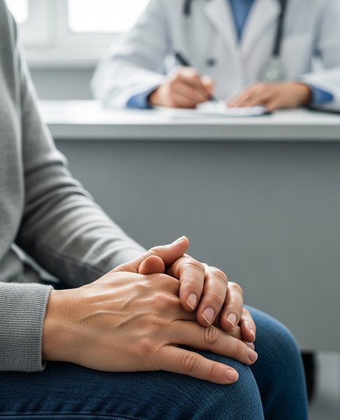 Руки на коленях в кабинете амбулаторного лечения