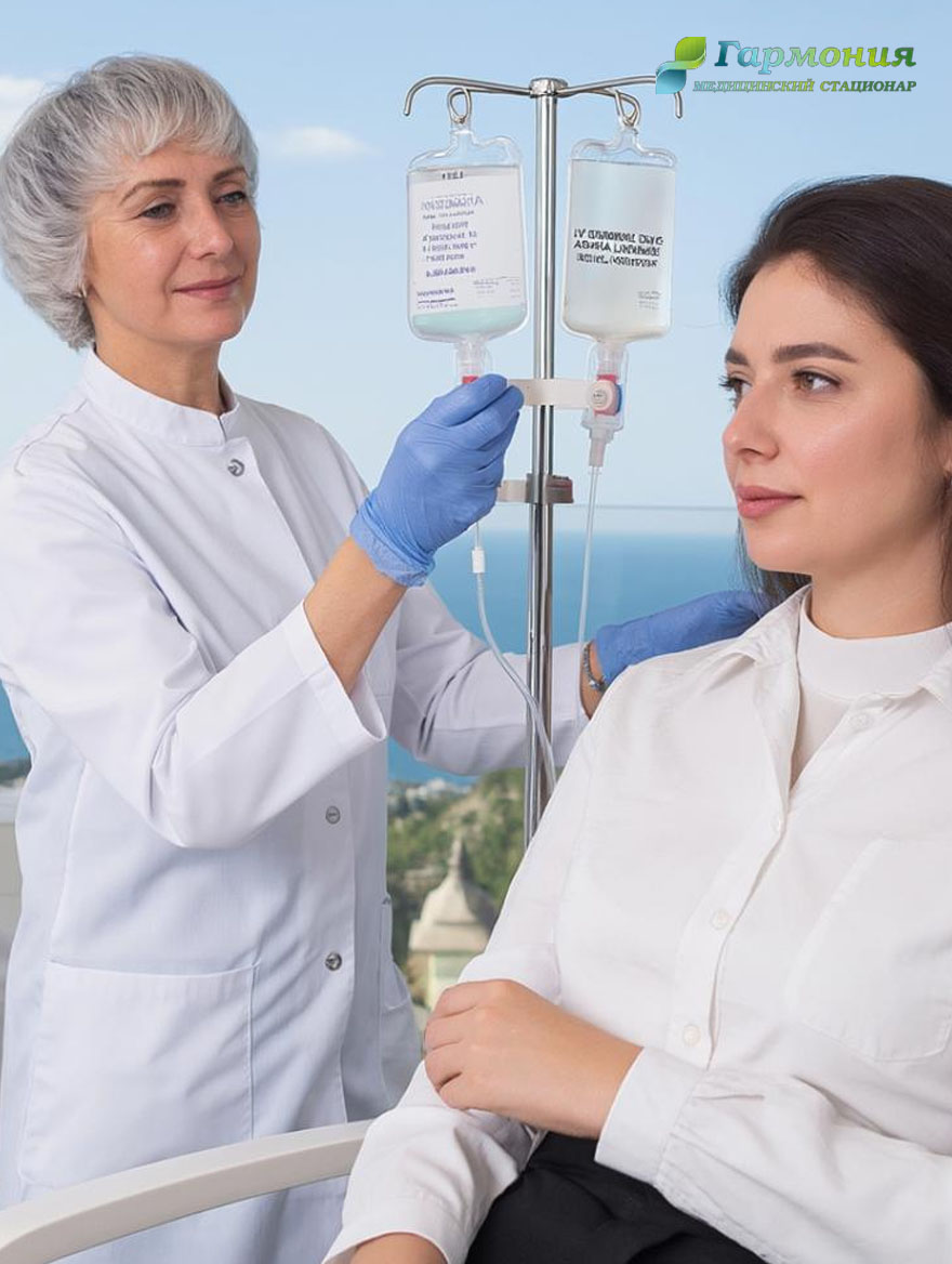 Врач и пациент с капельницей на фоне берега Семея