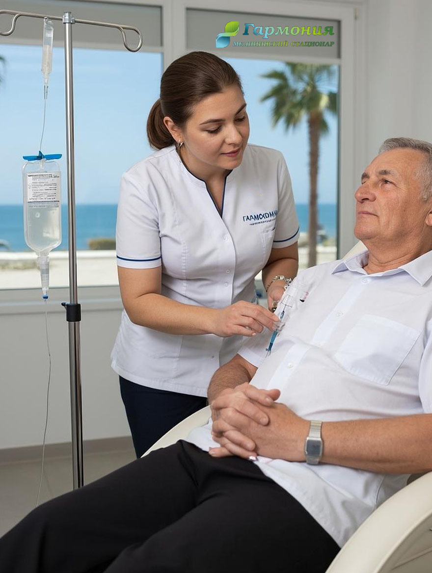 Врач и пациент с капельницей на фоне берега Семея