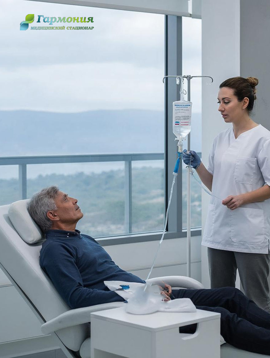 Врач и пациент с капельницей на фоне берега Семея